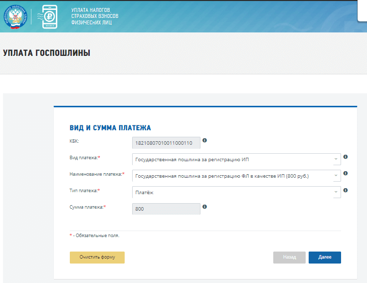 Сервис уплаты госпошлины, вид и сумма платежа